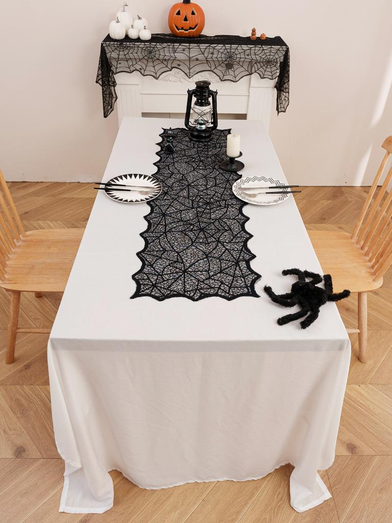 Halloween Black Spider Web Table Runner Hollow out Design Party Atmosphere Decoration Tablecloth for Ghost House Photography