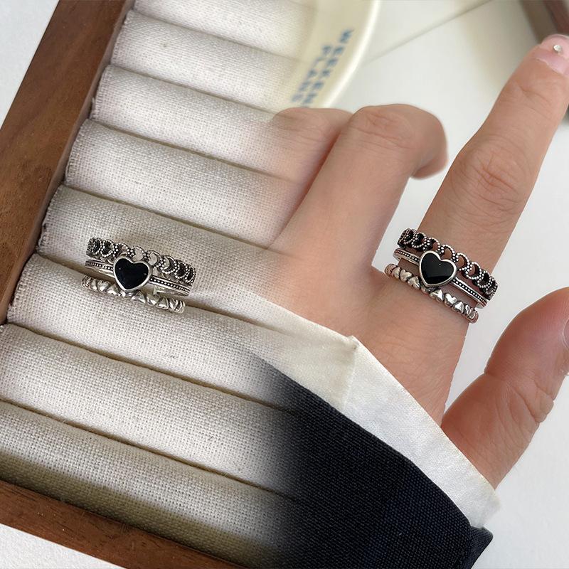 Black Drip Glaze Retro Thai Silver Jewelry Women's Non-fading High-end Open Ring