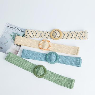 Small Fresh and Fashionable Elastic PP Grass Textile Wide Belt Boho Round Buckle Decorative Dress Belt for Women