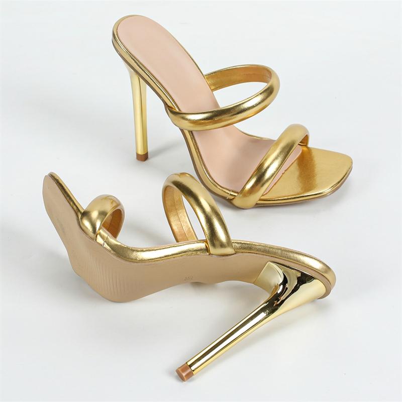Модные Eilyken Новые Модные Женские Шлепанцы с Квадратным Носком Модный Дизайн Ажурные Тонкие Высокие Каблуки Стриптиз Вечеринка Шлепанцы Обувь 35 золотой