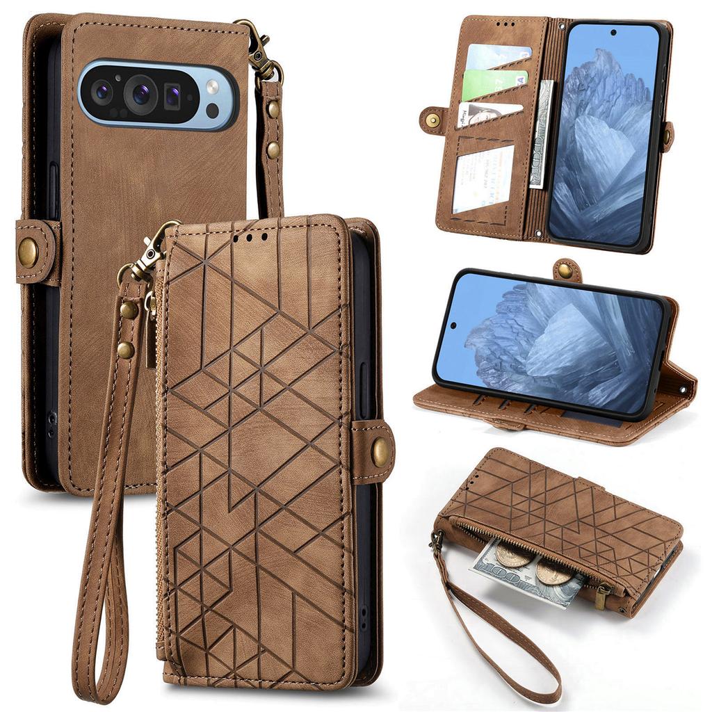 Geometric Embossed Flip Zipper Card Holder Wallet Leather Case for Google Pixel 11 Pro XL 10 9 8 7 6 A Shockproof Stand Cover