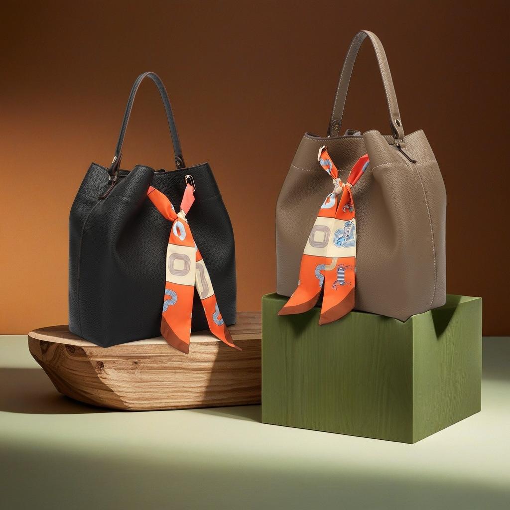 New Bag, Bucket Bag, Vegetable Basket, Women's Bag, Genuine Leather Handle, Mother's Bag, Bride's Wedding Bag, High-end Silk Scarf