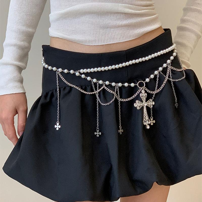 

Mei Mary Diamond-studded hollow cross tassel pearl necklace & waist chain - premium belt accessory