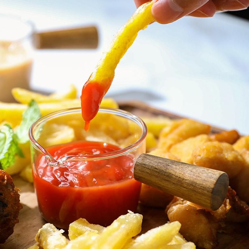 50/100ml Sauce Dish Small Glass Cup Milk Pitcher Espresso Measuring Cup Gravy Boat Dipping Bowl Mini Glass Cup with Wood Handle