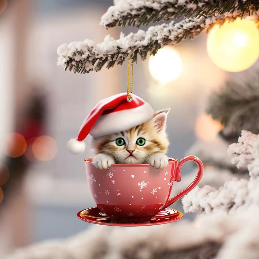 Cute Cat Pendant Cartoon 2D Acrylic Christmas Kitten Charm Ornament Funny Christmas Cat Ornament For Homes Christmas Tree Cars