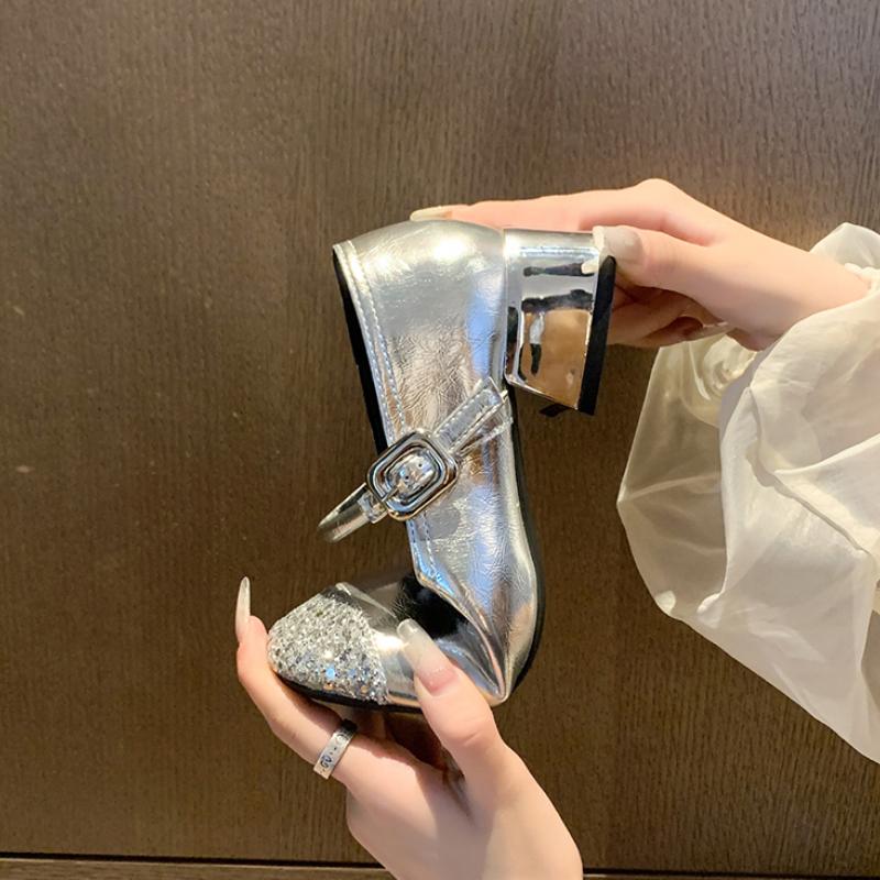Design Silvery Glitter Women Mary Jane Shoes Casual Thick Heel  Spring Autumn Fashion Wedding Dancing Party Shoes