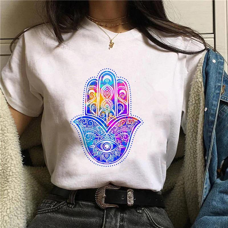 Hamasa Hand der Fatima Print Damen T-Shirts Lucky Hamsa Hand Harajuku Unisex T-Shirts Sommer Kurzarm Schwarzes Top Tees Weiblich
