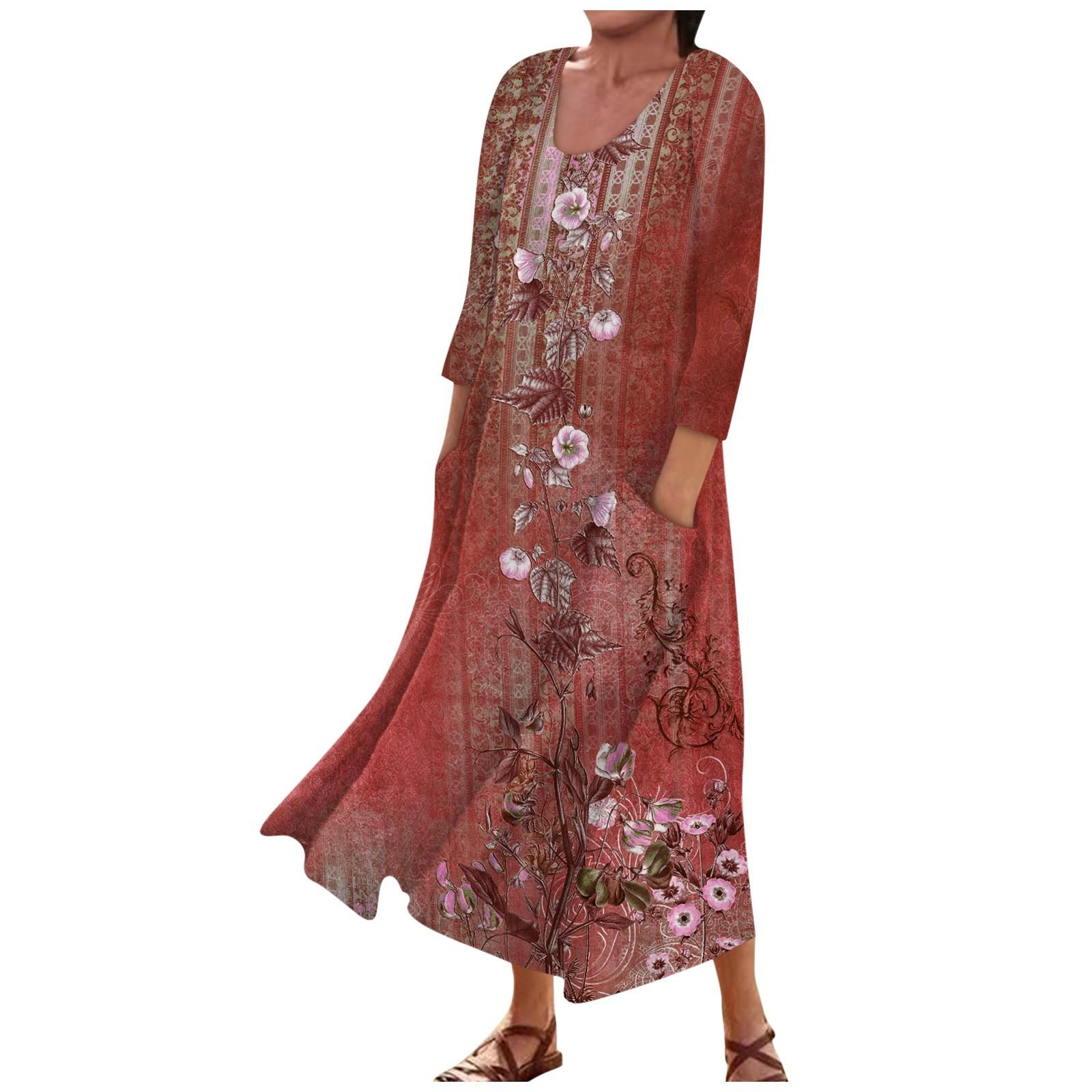 

Жіноча модна повсякденна сукня з круглим вирізом і 3/4 рукавами з вільними кишенями XL червоний