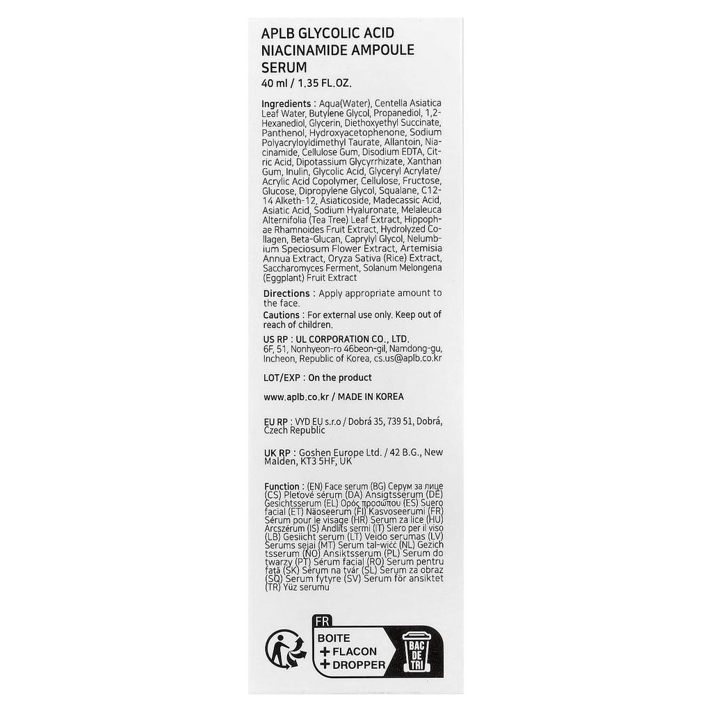 APLB, Glycolic Acid Niacinamide Ampoule Serum, 40ml (1.35 fl oz)