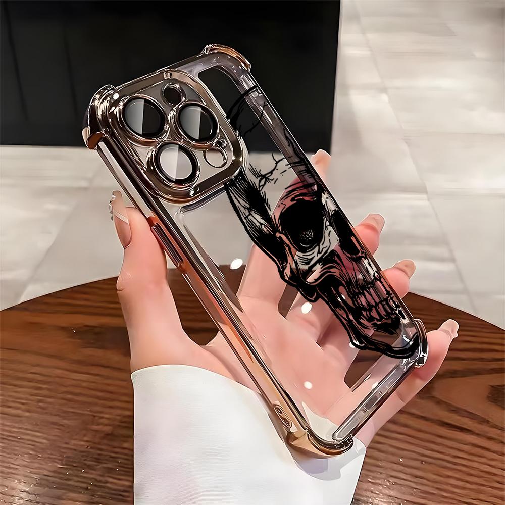 Cool Black Skull Pattern Transparent Phone Case For iPhone 17 16 Pro Max 15 14 Plus 13 12 11 17 Air 16E Shockproof Soft Cover