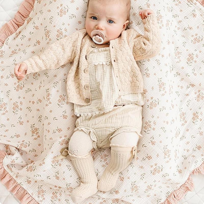 Breathable Cotton Baby Blanket Newborns Bath Towel with Delicate Floral Pattern Stylish Nursery Essential 90x100cm