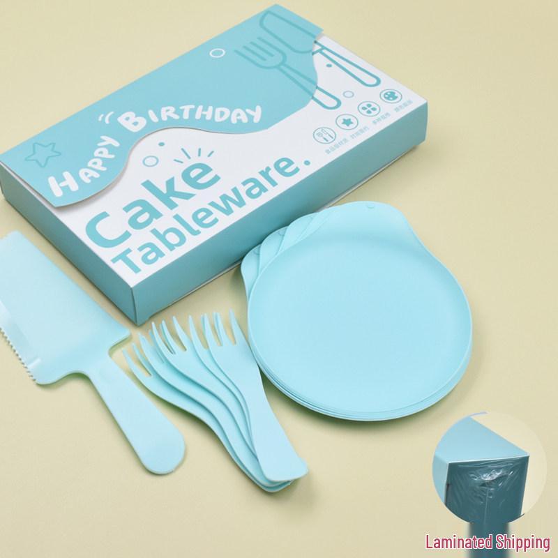 Birthday Cake Tableware Set: Disposable Plates, Knives, Forks, Water Drop Plates, Fork Boxes, and Hats.