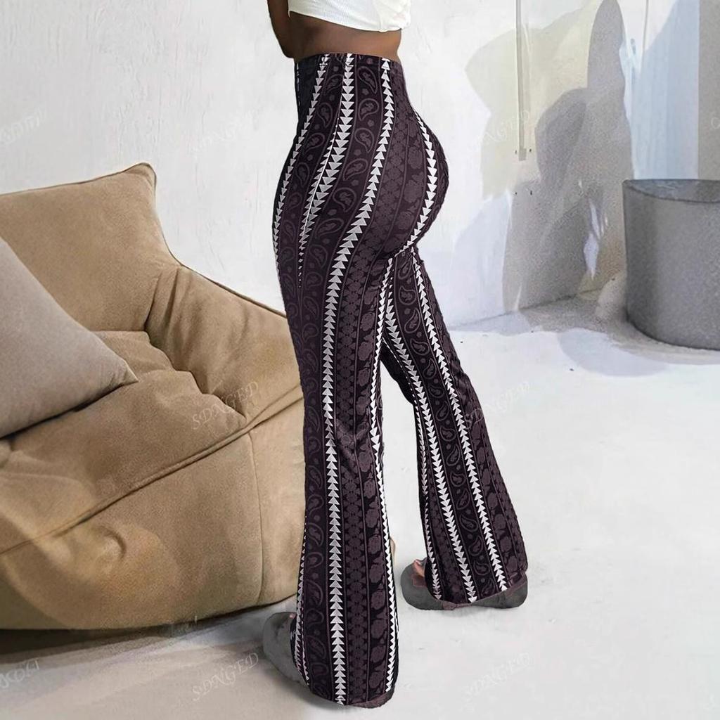 Women's Flared Pants with Paisley and Stripe Pattern, High Waist Bell Bottom Trousers
