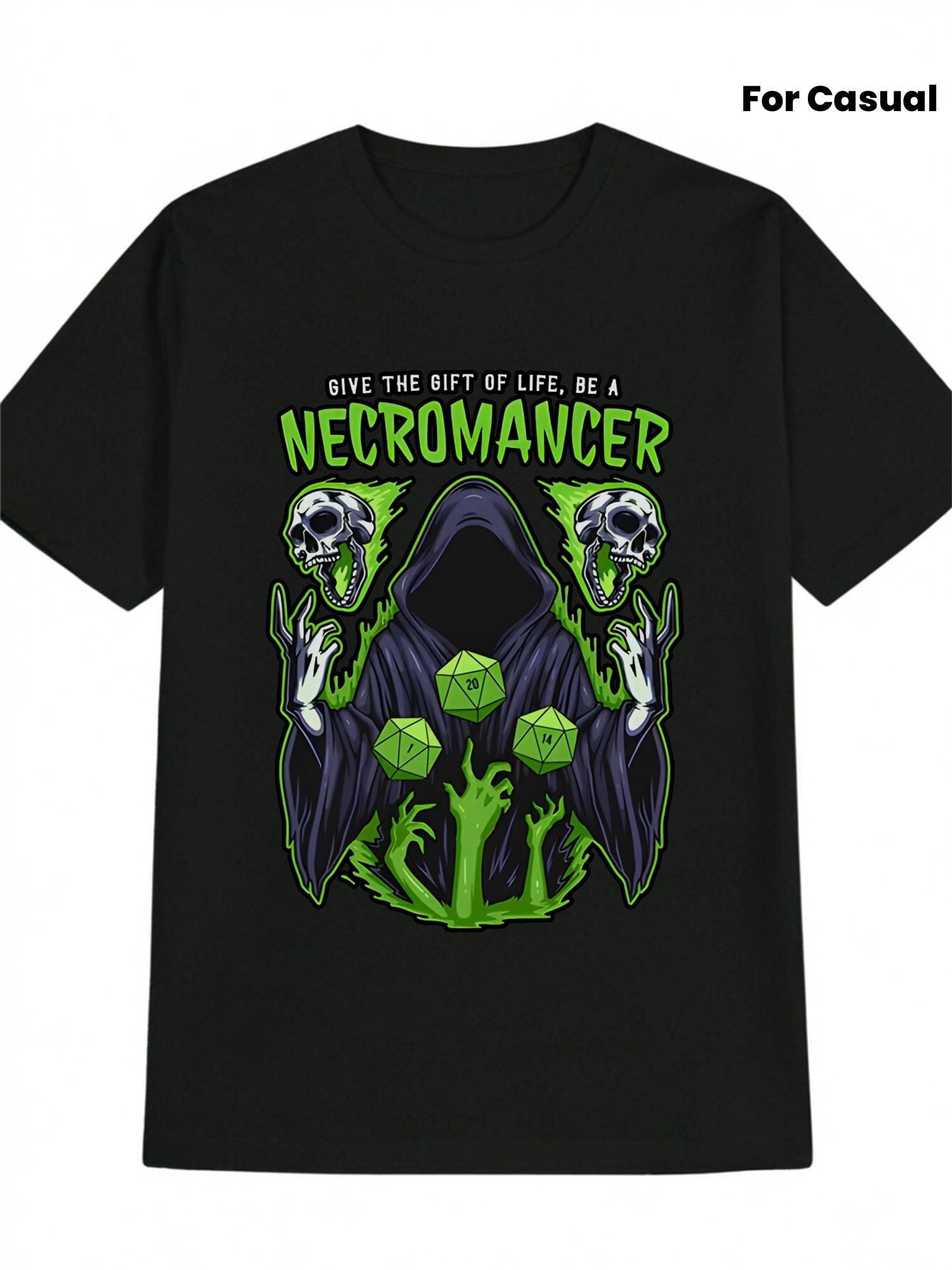 Necromancer Graphic T-shirt - Black Casual Round Neck Tee with D&D Inspired Skull & D20 Print S