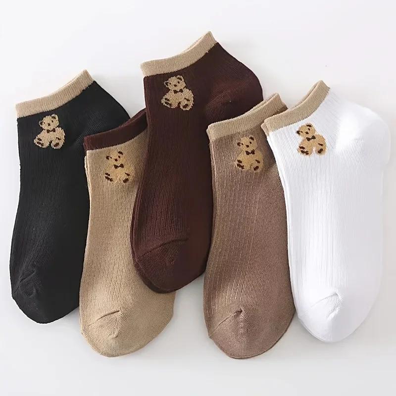 5 Paia Calzini Bassi Colorati da Donna - Design Orsetto Marrone Cartone Animato, Autunno/Inverno Casual Comodi, Calzini Novità di Natale