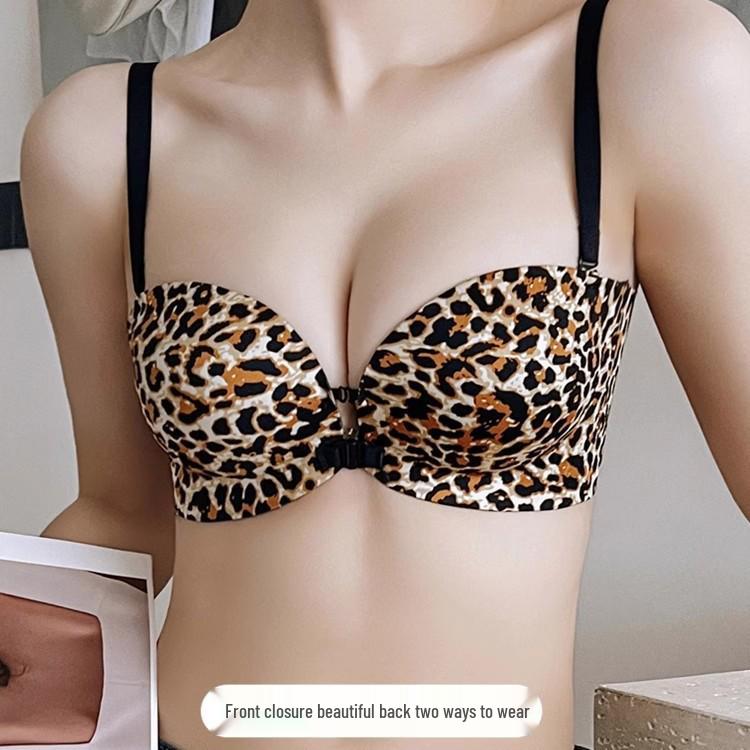 Leopard Print Strapless Push-Up Bra with 6cm Padding and Front Closure