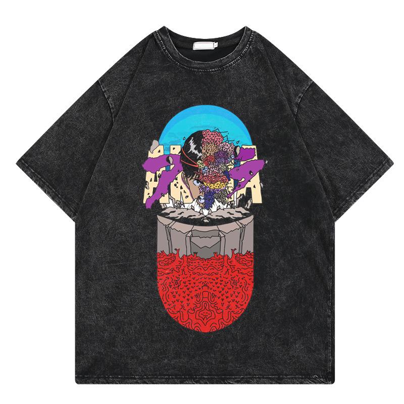 Manga Akira Graphic Print T-shirt for Men's Women's T Shirt Vintage Washed Cotton Streetwear Summer Top