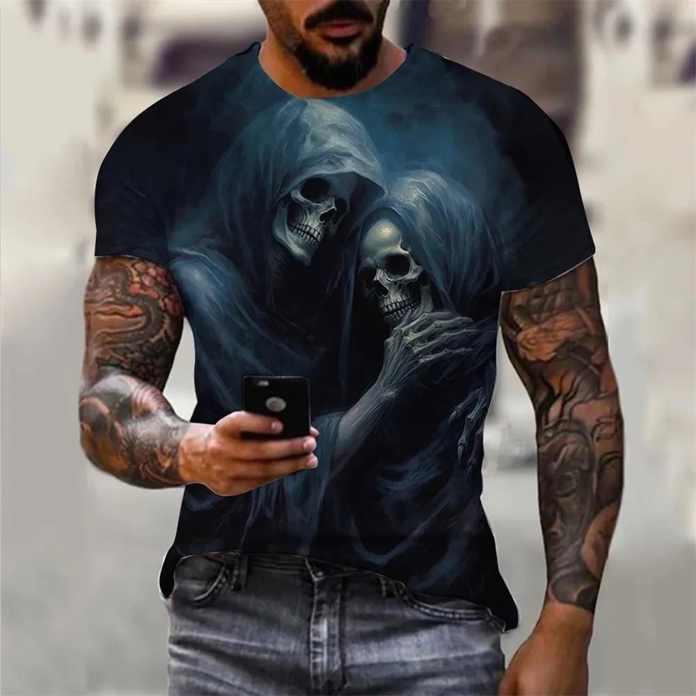 Men's Summer Skull Print T-Shirt Soft Breathable Round Neck Outdoor Street Style Casual Graphic Tee Comfort Top