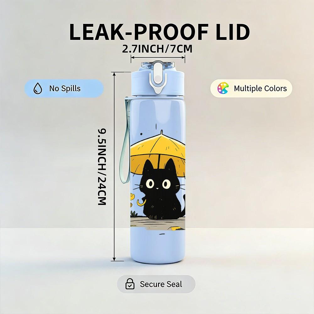 1PC Black Cat Under Umbrella Cartoon 750ml Color Plastic Sports Water Bottle Leakproof Flip Straw Lid Suitable for Sports Office Home Use