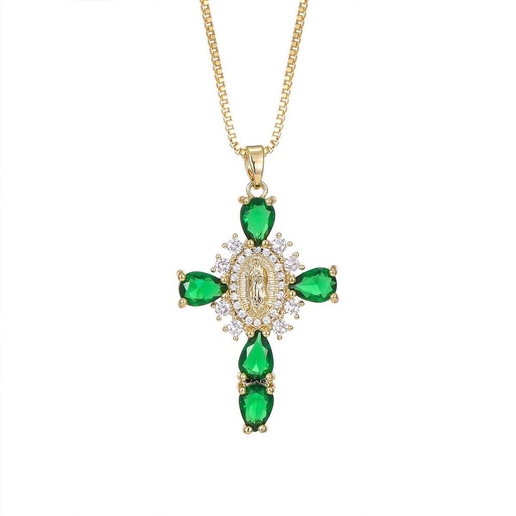 Gold-Plated Multi-Color Zirconia Cross Necklace with Full Diamond Design