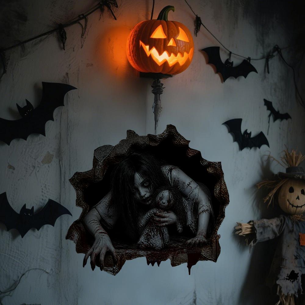 Halloween 3D Wall Breaking Mummy Witch Wall Sticker Self Adhesive Horror Decor