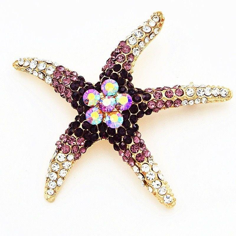 Korean Marine Life Brooch: Starfish & Shell Pin with Metal, Diamond, & Pearl Accents