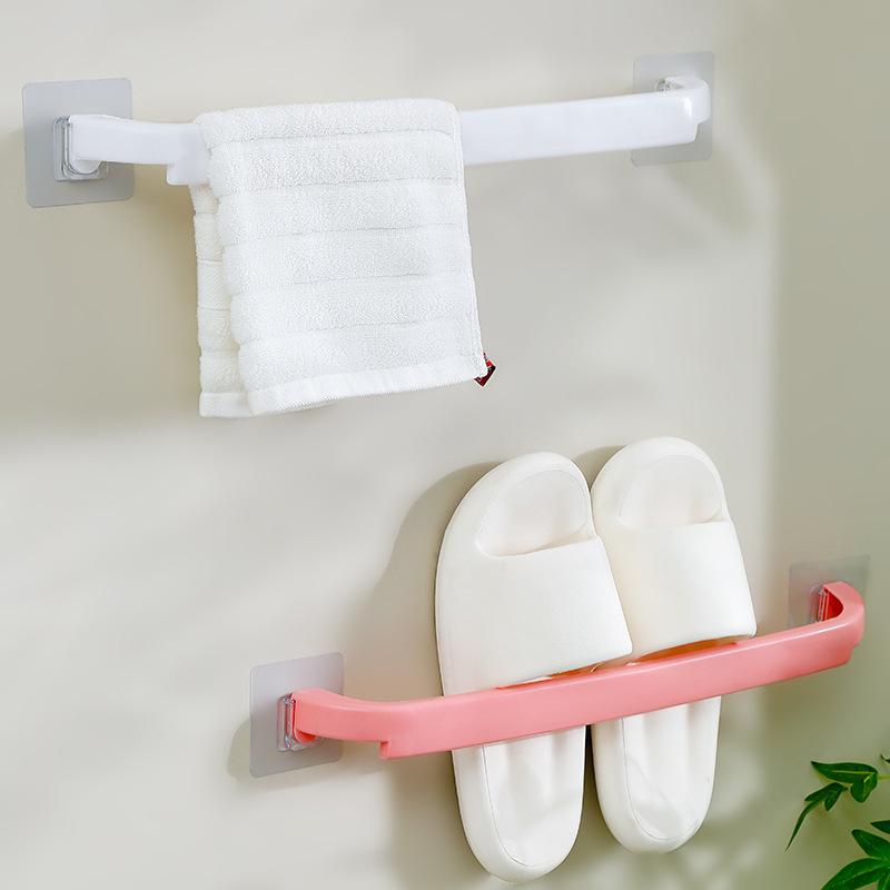 Plastic Shoe Rack Without Punching Extended Bathroom Double Pole Wall Mounted Slippers Storage Rack Household Colored Self-adhesive Towel Rack