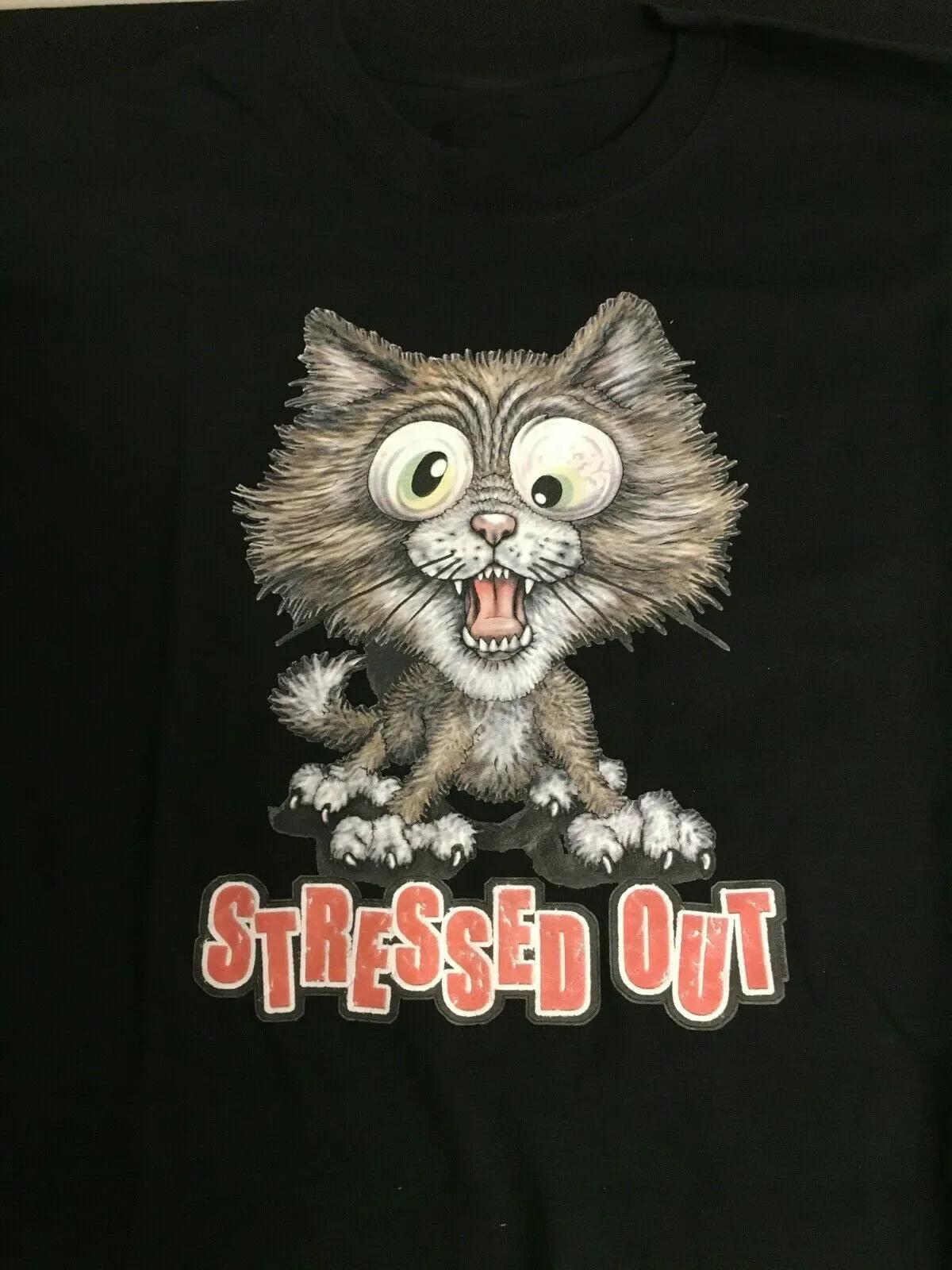 

Funny Cat Stressed Out Printed T-Shirt 100% Cotton O-Neck Summer Short Sleeve Casual Mens T-shirt Size S-3XL 4XL