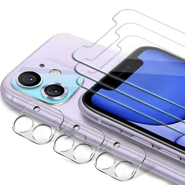 Verre trempé compatible avec iphone 11, 3 pièces verre trempé + 3 pièces caméra arrière protecteur, dureté 9h sans bulles film
