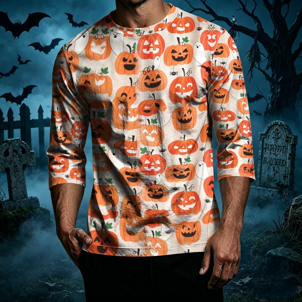 Men's Casual Halloween Print Crew Neck T-Shirt Three Quarter Sleeve Relaxed Fit Lightweight Cotton Blend Top for Everyday Wear
