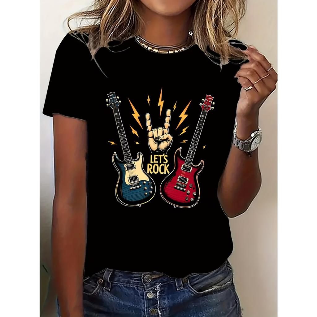 Rock Guitar Design Women'S Short Sleeve T-Shirt | Casual Crew Neck, Comfortable Medium Stretch Fabric