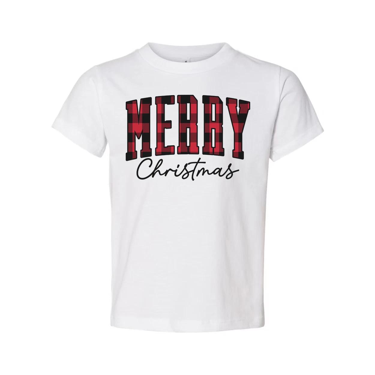 Merry Christmas Plaid Block Lettering Unisex T Shirt With Script Christmas Text L