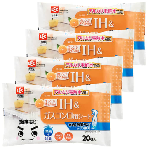 LEC Ba Water Cleaning Sheets for IH & Gas Stoves, 20 Sheets (4-Pack), Uses Alkaline Electrolyzed Water, S00905