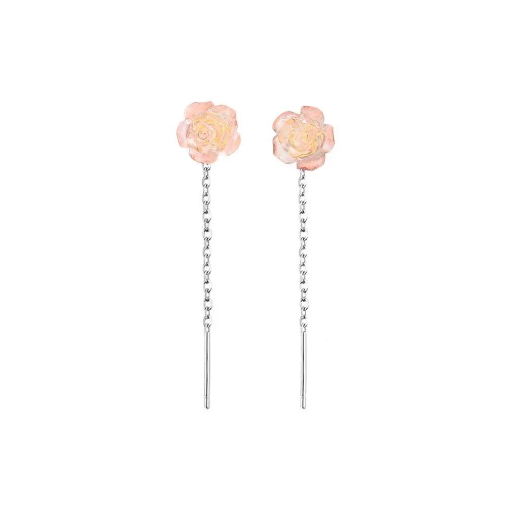 PONYKISS Silver Colorful Rose Cute Plant Stud Earring for Women Minimalist Fine Piercing Screw Bead Accessories