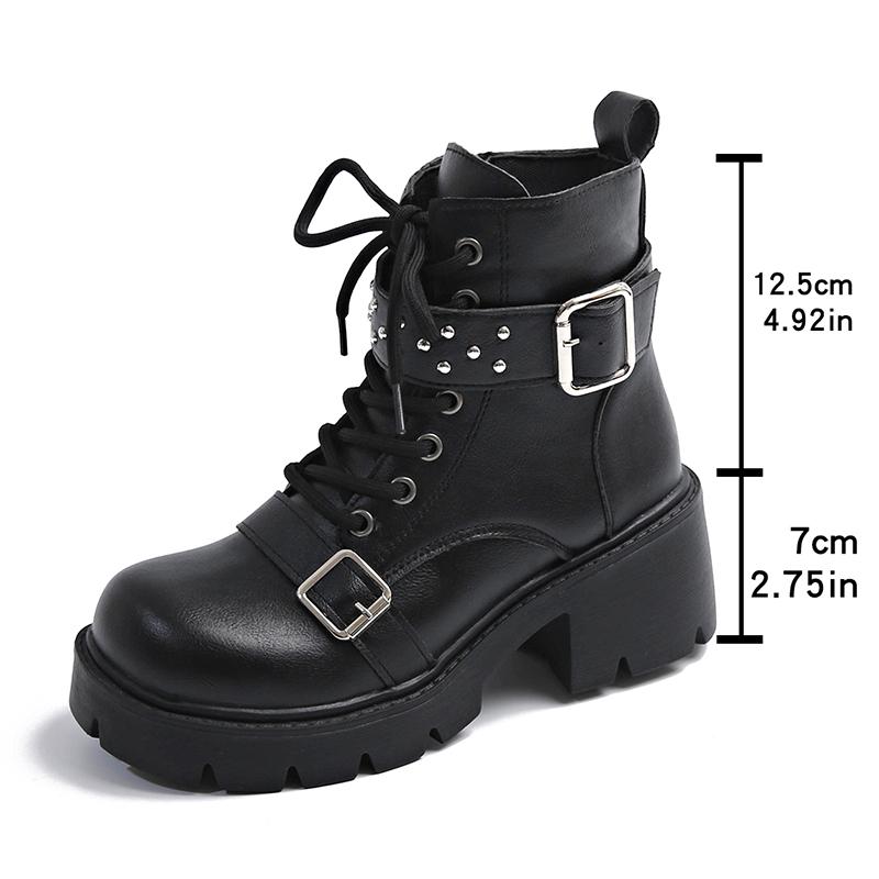 Fashion Punk Gothic Platform Ankle Boots for Women Chunky Heel Lace Up Black Combat Boots Women Buckle Strap Rivets Motorcycle Booties