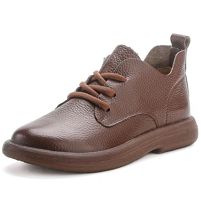 The first layer of cowhide autumn women's new platform small short boots retro style lace-up low-heeled leather boots genuine leather mother shoes