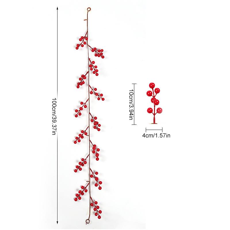 

1PC Christmas Tree Vine Decorations Fireplace Wreath Gardens Artificial Holly Leaves Home Plastic Xmas Trees Red Berries Holiday