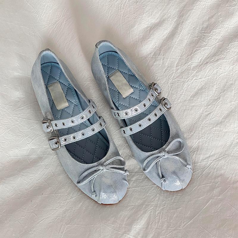 

Cow down leather~ French bow ballet shoes women s retro belt buckle Mary Jane shoes versatile light mouth single shoes 40 светло-синий