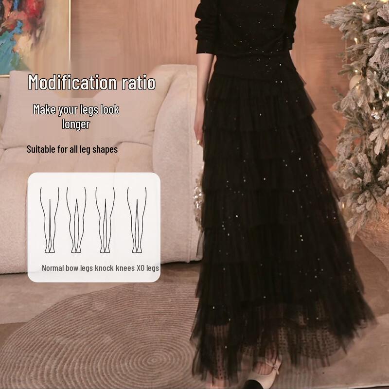 Süßer mehrlagiger A-Linien-Maxirock aus Netz mit Pailletten