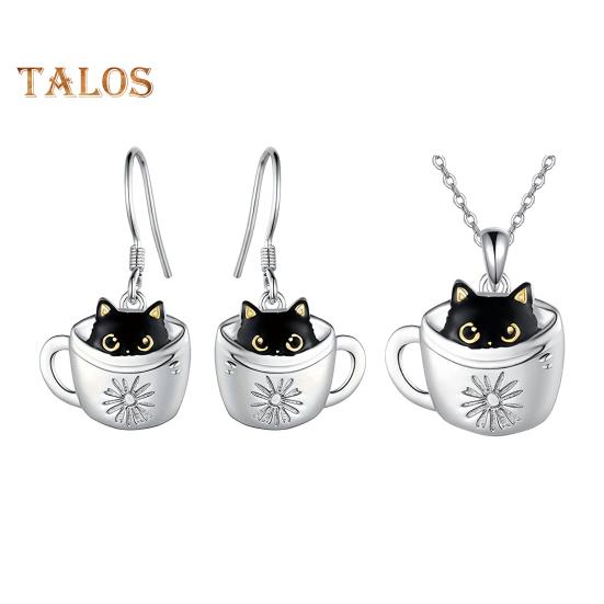 Women Necklace Hook Earrings Black Cat in Cup Shape Adjustable Necklace Birthday Anniversary Gift Alloy Neck Ear Jewelry for Daily Wear Parties