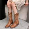 Fashion Genuine Leather Women Boots Autumn Embroidered Western Cowboy Boots Square Toe Thick Heel High Knee Boots Woman Long Botas Mujer