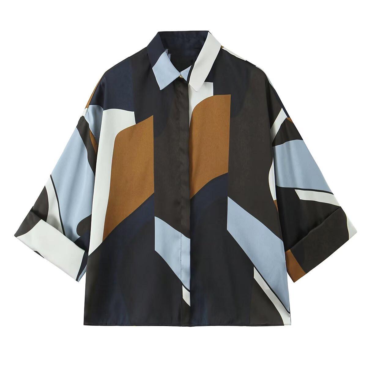 

2025 Spring Women s Silk Satin Printed Lapel Shirt - Versatile, Simple, and Elegant M