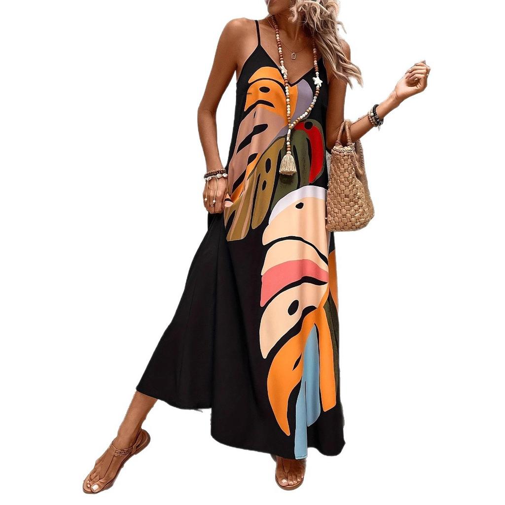Women's V Neck Sleeveless Abstract Print Maxi Dress Loose Casual Summer Beach Long Sundress