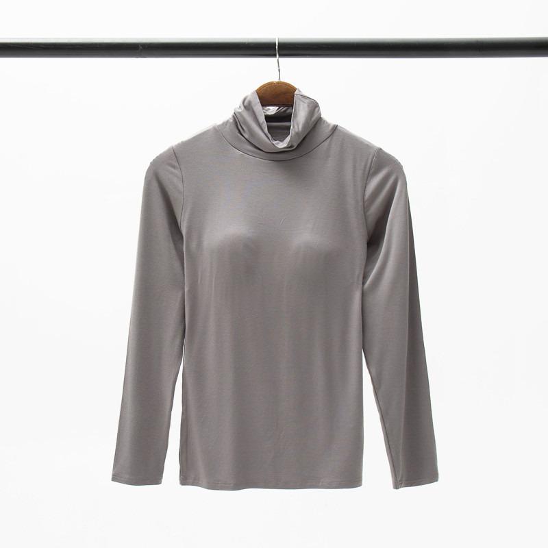 Women's Modal Padded High Neck Long Sleeve T-Shirt with Integrated No Underwire Bra Cup Pajama Base Layer
