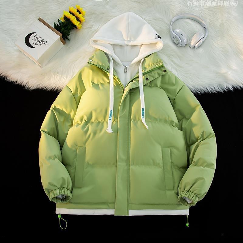 Winter new fake two-piece hooded cotton-padded jacket men's short loose thickened cotton-padded jacket winter bread-padded jacket