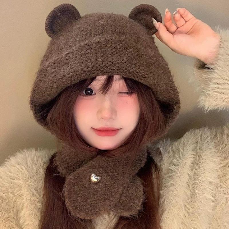 New bear knitted hat fashionable lazy style cute bear ears versatile wool ear protector headgear autumn and winter hat women