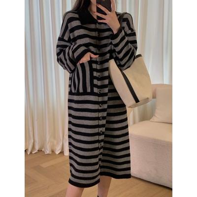 Lazy Wind Striped Knitted Dress Femininity Autumn New Retro Loose Medium and Long Sweater Skirt