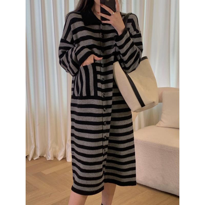 Lazy Wind Striped Knitted Dress Femininity Autumn New Retro Loose Medium and Long Sweater Skirt