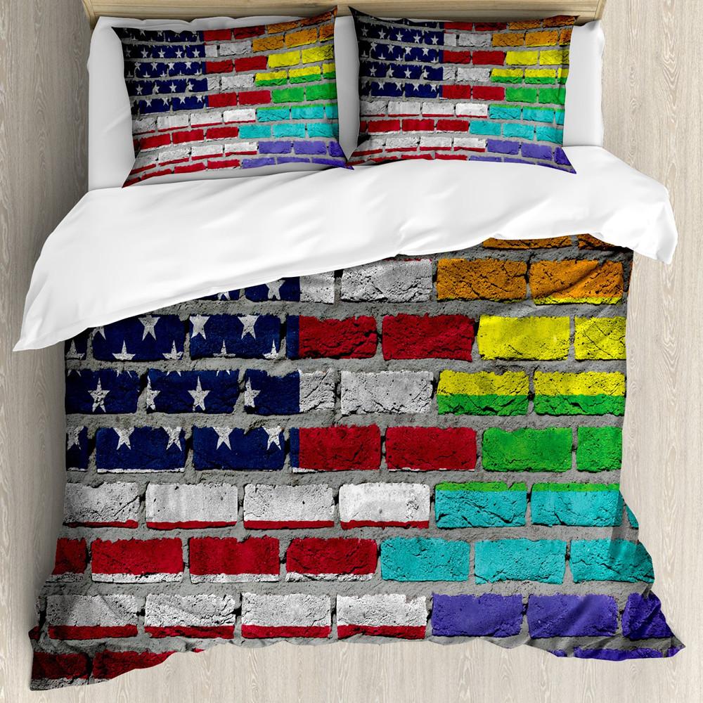 Conjunto de Capa de Edredom Pride Poliéster Pessoas Celebrando o Dia Internacional da Comunidade LGBT com Design Listrado Colorido Conjunto de Cama