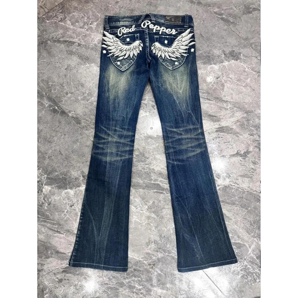 RogueWave American Retro Design Wing Embroidery Low Waist Women Jeans Flared Trousers Y2k Fashion Casual Hot Girl Pants